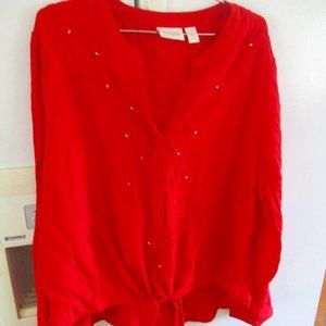 Chicos 3 XL top blouse tunic button front red embroidered tie front artsy